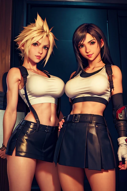 (masterpiece), (high quality), (realistic 1.5), (2 girls)  female Cloud Strife, Tifa Lockhart, big breasts, white sleeveless top, black skirt, sexy pose, mischievous smile, soft lightning, looking at viewer, keeping eye contact, precise hands