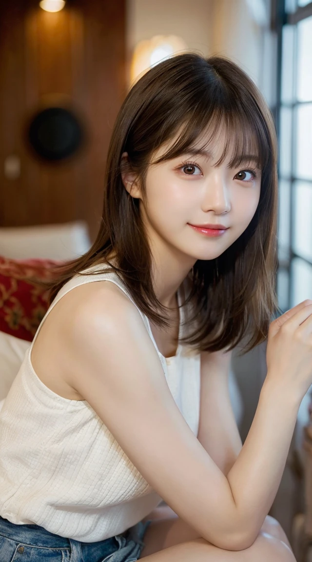 (Photo Real:1.4), (hyper realisitic:1.4), (Smooth lighting:1.05), 1 girl, (sad:1.4), Mouth slightly open, Neat and clean beauty, 20 years old, cute, Japanese, Soft lighting, Back lighting, (cheerfulness:1.2),  (Finest Real Textured Skins), Narrow-eyed, Super fine face, glowing skin, retinas, Anatomically correct, accurate, Super Detail, Textured skin, High quality, high details, Best Quality, High resolution, living room, Medium Hair, Bangs, Blouse, perfect bodies, perfect arms, Perfect fingers, perfect legs, perfect hair, Realistic skin texture