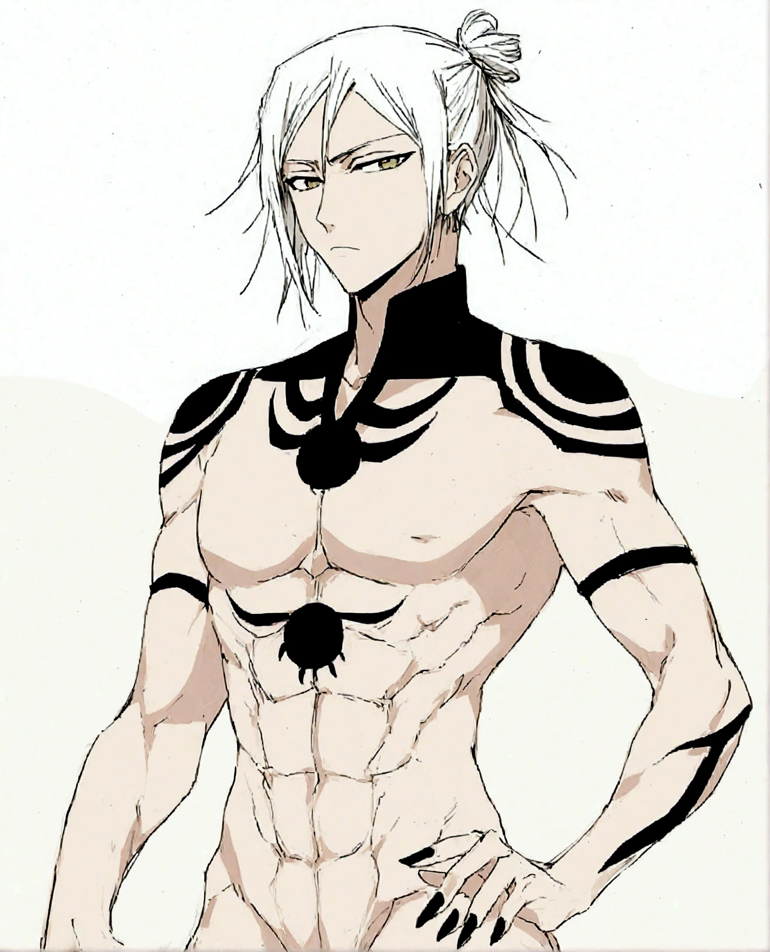 bleach anime, bleach style clothing, sexy anime villain, long white hair, male, full body, black painted nails, espada, lithe body, lean muscles, white longcoat with no shirt