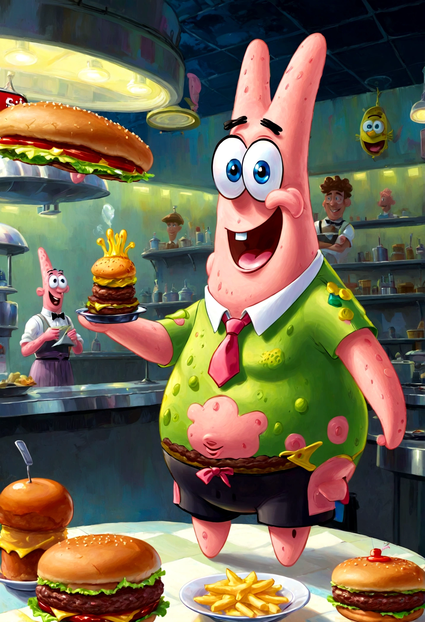 1boy, Patrick Star, ukj character, SpongeBob SquarePants, waiter suit, seller, Burger Shop, anime, best quality, masterpiece, very aesthetic, perfect composition, intricate details, ultra-detailed