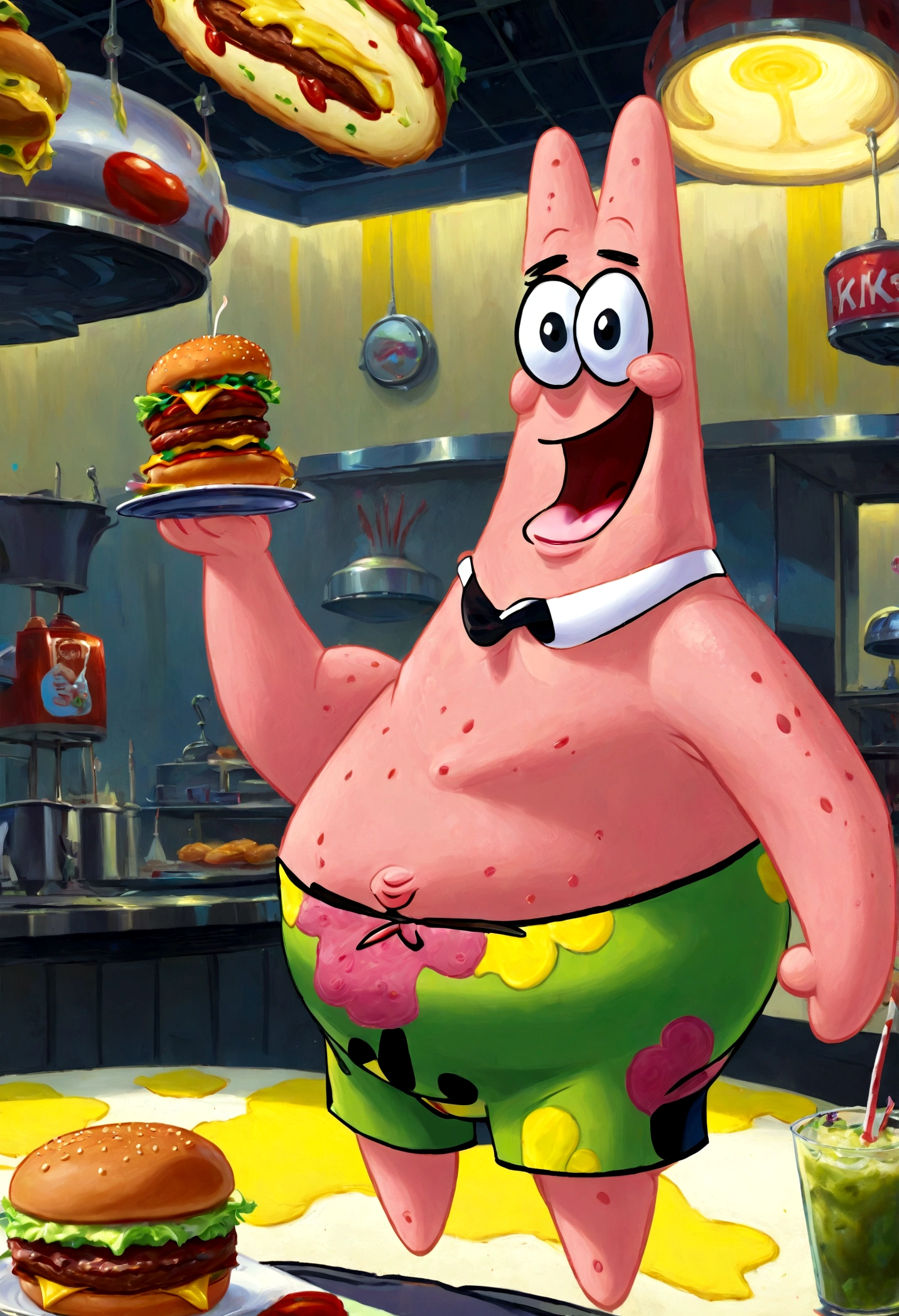 1boy, Patrick Star, ukj character, SpongeBob SquarePants, waiter suit, seller, Burger Shop, anime, best quality, masterpiece, very aesthetic, perfect composition, intricate details, ultra-detailed