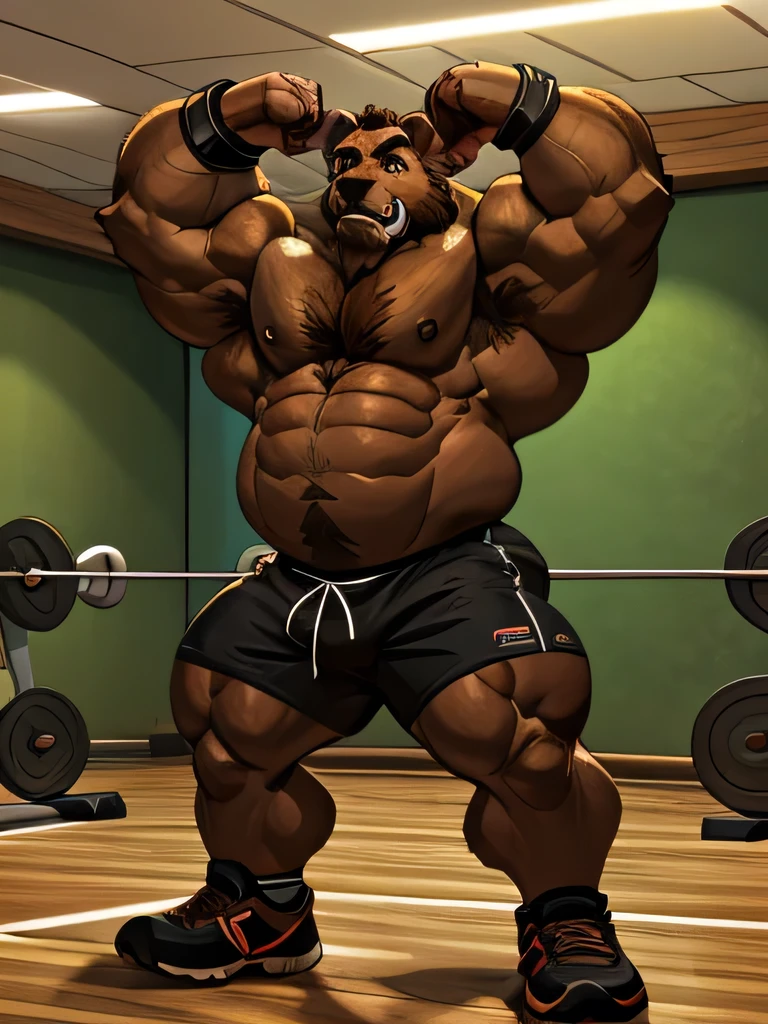 chubby Grizzly Bear adventure in the gym, brown fur, thick arm, huge arm, bearded. brown hair and brown beard, bearded, muscular, pectoral, wide pectoral, realistic, 8k, masterpiece, (wearing black shorts, wristbands and shirtless:1.3, topless, shoes) stretching his body muscles