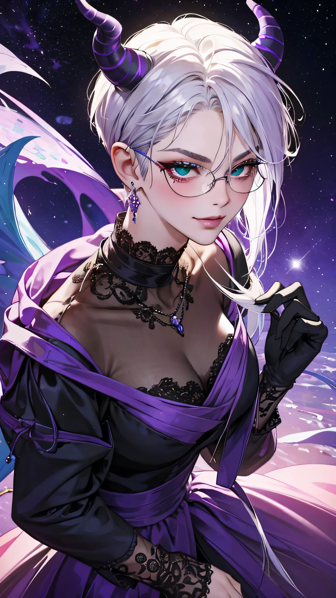 8k, masterpiece, best quality, highly detailed, 1 girl, tiefling, warlock, multicolored hair, very short straight hair green highlight hair on white hair, strippled hair, wearing glasses, round glasses, earrings, long dress with side cut, lace dress, red eyeshadow, long eyelashes, blushed cheek, necklace, collarbone, high heels, mole, glamorous, purple and teal clothing, villainy, smirk, seductive face, close up view, rings, looking at viewer, standing, demon horns, solo, starry night, full blue moon, hand touching cheek, chruch, black lace gloves, holding fan, wearing veils. 