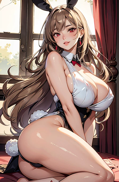 masterpiece, best quality, best lighting, shadows, portrait, perfect anatomy, 1 girl, adult anime girl, 21 years old, bunny girl, bunny uniform, allure, erotic, mature features, pretty face, pretty lips, pretty eyes, white wavy hair, red eyes, seductive eyes, blushing, flirty, pretty smile, huge ass, breast, thighs, seductive, spicy, hot, flirty, nsfw,