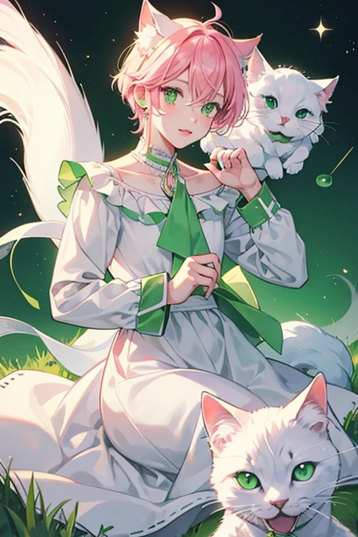 Lucatchi is a white cat with a light green marking over their ear. They wear a green handkerchief around their neck and a pink music note accessory on their ear. SPARKLE; GLITTER