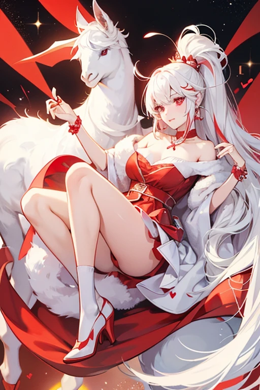 Llanutchi is a white llama with red markings on their feet. She wears a red heart accessory on her right ear. SPARKLE; GLITTER