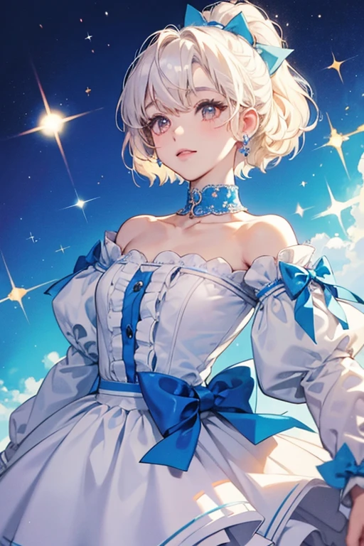 Kinatchi is a white poodle with a blue collar, ears, and bow. SPARKLE; GLITTER