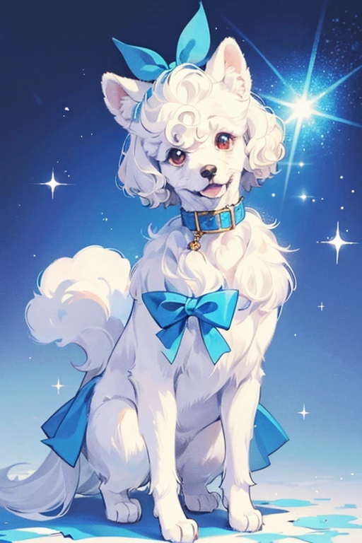 Kinatchi is a white poodle with a blue collar, ears, and bow. SPARKLE; GLITTER