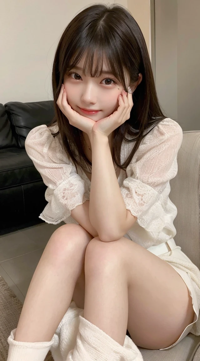 (Photo Real:1.4), (hyper realisitic:1.4), (Smooth lighting:1.05), 1 girl, (sad:1.4), Mouth slightly open, Neat and clean beauty, 20 years old, cute, Japanese, Soft lighting, Back lighting, (cheerfulness:1.2), (Finest Real Textured Skins), Narrow-eyed, Super fine face, glowing skin, retinas, Anatomically correct, accurate, Super Detail, Textured skin, High quality, high details, Best Quality, High resolution, living room, Medium Hair, Bangs, Blouse, perfect bodies, perfect arms, Perfect fingers, perfect legs, perfect hair, Realistic skin texture