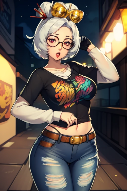 purah, white hair ,aura red glasses, hair ornament, earrings, eye shadow,1girl, solo, standing, black t-shirt, white shirt, jeans, belt, lipstick, large breasts