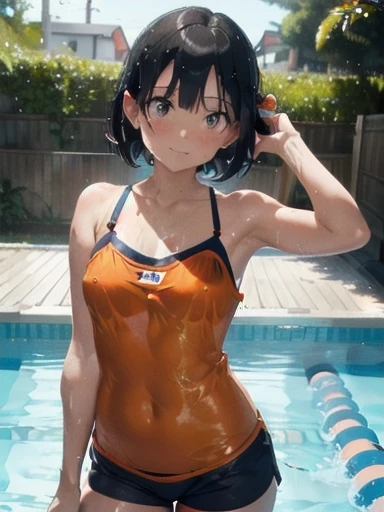 Orange swimsuit((Orange camisole),(Soaked with slimy liquid)),(Navy blue shorts),(A pool of slippery lotion),(Soaked with slimy liquid),Black Hair,