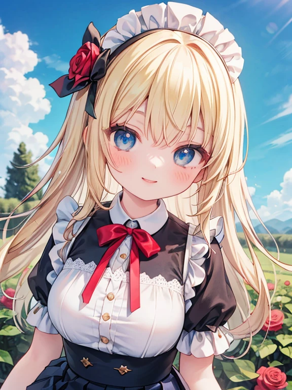 masterpiece, highest quality, Very detailed, 16k, Ultra-high resolution, 8-year-old girl, Detailed face, smile, blue eyes, blonde, Braiding, Red ribbon on head, Black maid outfit, blue sky, garden, Red Rose, (Skirt flip:1.5)