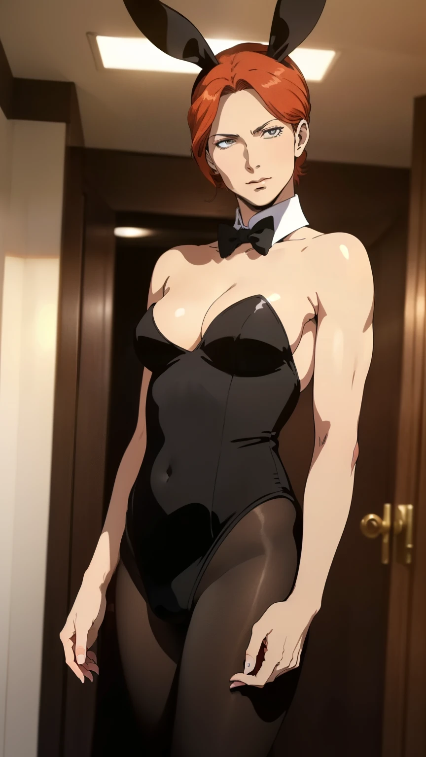 (masterpiece, best quality:1.2),((photoreal:1.2)),perfect anatomy,((solo:1.5)), ((alone:1.3)),((1 middle age woman:1.5)),((1 mature woman)),perfect eyes,Kycilia Zabi, ((looking at viewer:1.4)),((horizontal angle:1.4)),((straight-on)),((face and body straight at the camera:1.4)),(view from the front,lighting from front),((small breasts:1.4)),(sagging breasts:1.3),((Piutuary small breasts:1.2)),((muscular:1.1),((do not hide your crotch:1.4)),(cod lips),((standing at attention:1.3)),(holding your head high),(delicate and beautiful),((black Playboy bunny suit:1.3)),((black satin onepiece suit)),(high-leg cut onepiece suit),high heel,bare shoulder,white false collar,black bow tie,white cuffs,brown sheer pantyhose,(sheer pantyhose),dark brown red hair,dark orange hair,detailed hair