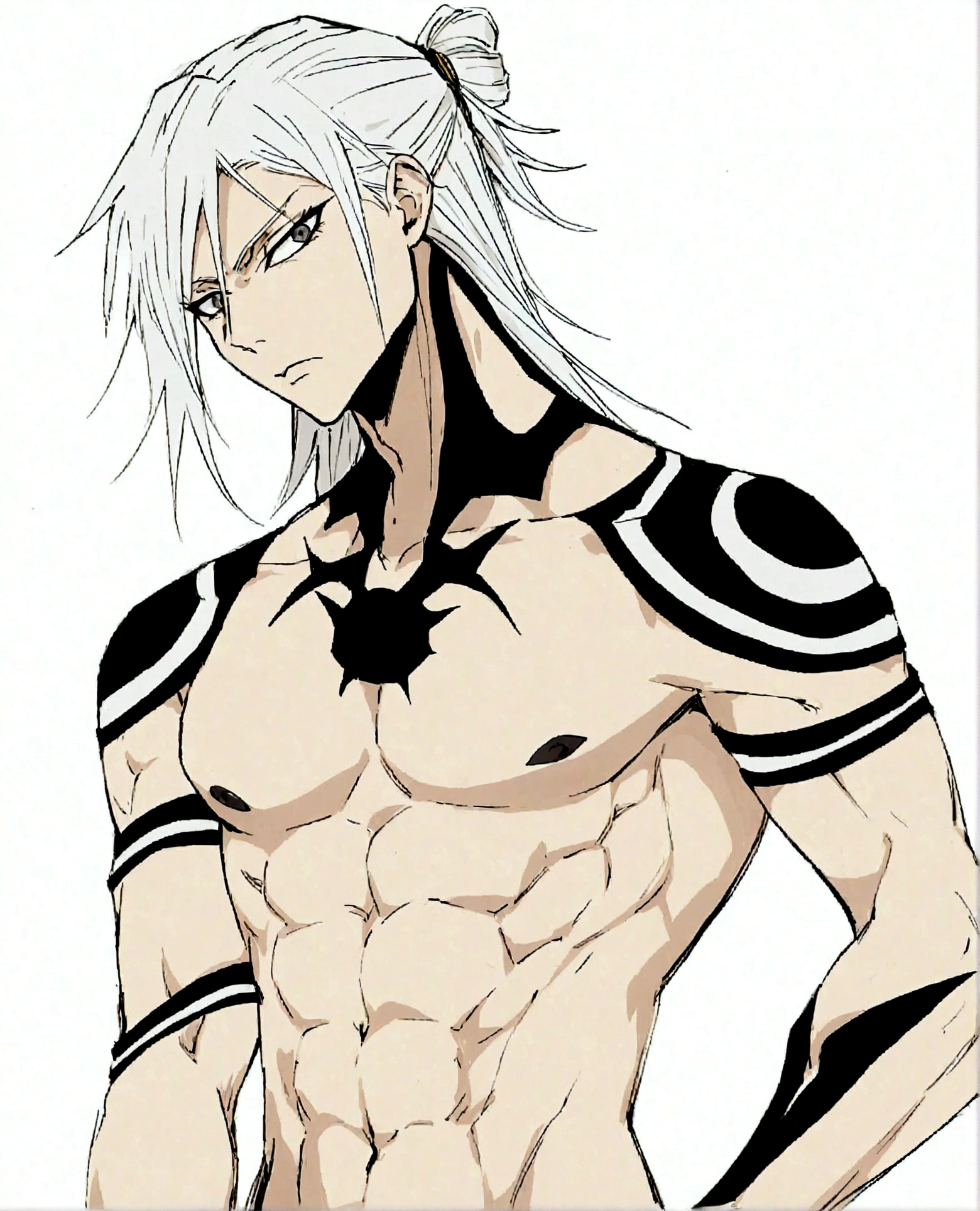 bleach anime, bleach style clothing, sexy anime villain, long white hair, male, full body, black painted nails, espada, lithe body, lean muscles, white longcoat with no shirt