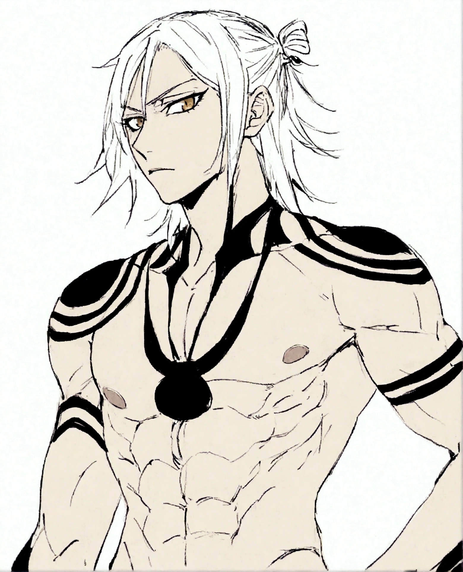 bleach anime, bleach style clothing, sexy anime villain, long white hair, male, full body, black painted nails, espada, lithe body, lean muscles, white longcoat with no shirt