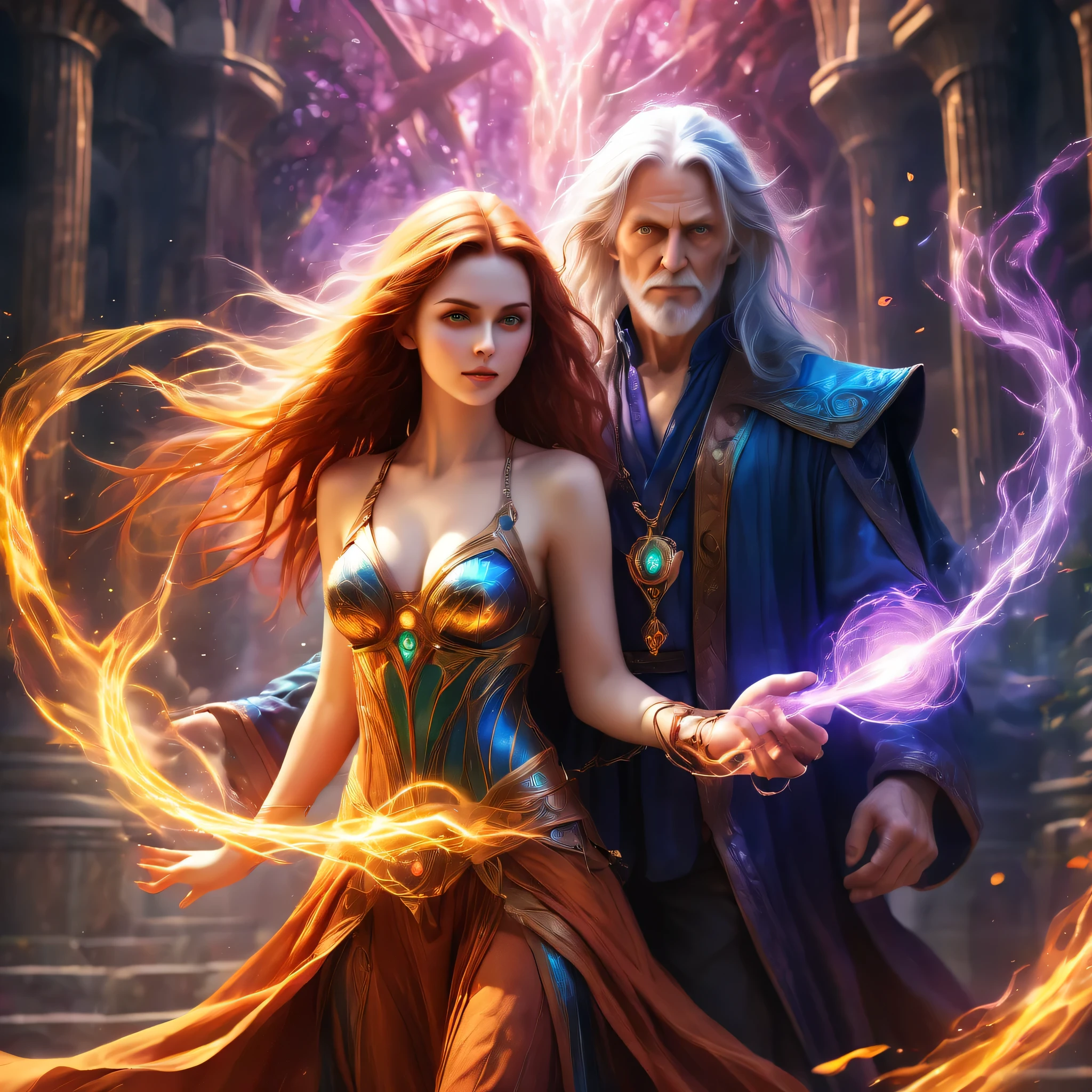 realista, High definition | ultra hdr, retrata um mago poderoso e sua companheira feiticeira, both young figures surrounded by a mystical atmosphere pulsing with the energy of power and love, manifestado em cores vibrantes. Your enchanting aura serves as a protective force, warding off darkness and protecting against malevolent forces in the shadows.
