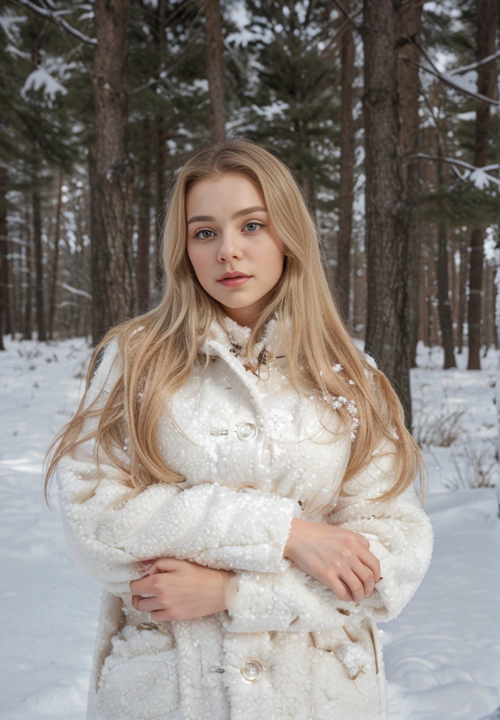 Arafed woman in a white fur coat stands in the snow, In the snow, anna nikonova aka newmilky, only snow in the background, in a snowy forest setting, In the snow, russian girlfriend, High Quality Portrait, wintertime, dasha taran, profile pic, Heavy Winter Aesthetics, white girl, inspired by Elsa Bleda, yelena belova, blonde woman, hairlong