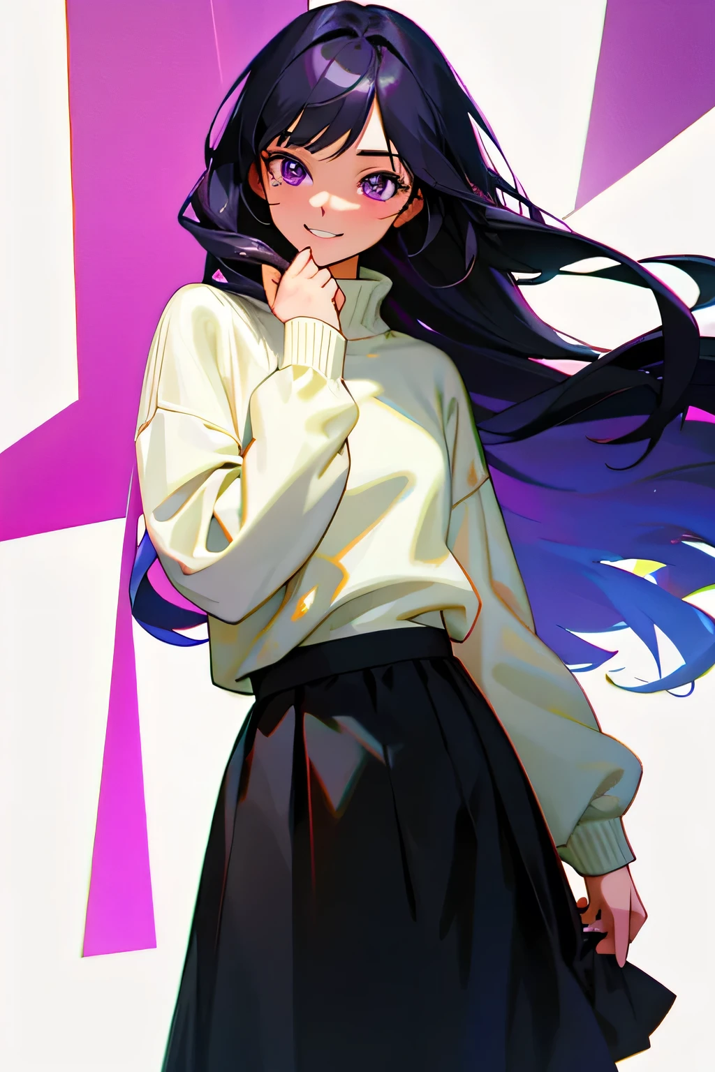 (masterpiece), ((sfw)), best quality, expressive eyes, perfect face, , (1girl,, young adult, beautiful,), solo, black long hair, purple eyes BREAK (fair skin,), cowboy shot, smile, sweater BREAK, long skirt BREAK, standing BREAK, soft smile, :), in love, beautiful face, in love face, in love smile. Looking away, embarrassed, touching lips
