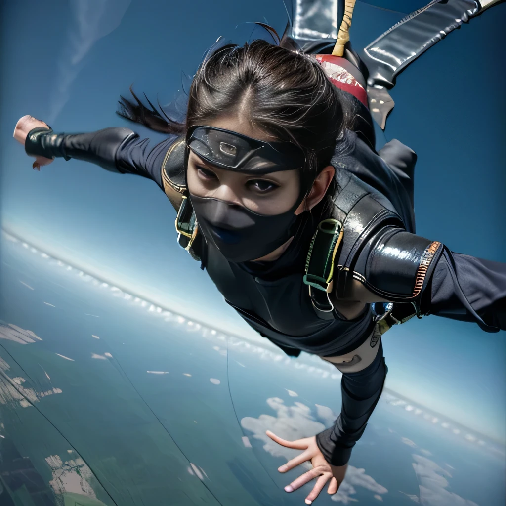 raw photo , 8K, ultra detailed, (realistic:1.2), (1man, ninja, mask:1.6), (sky diving:1.4),