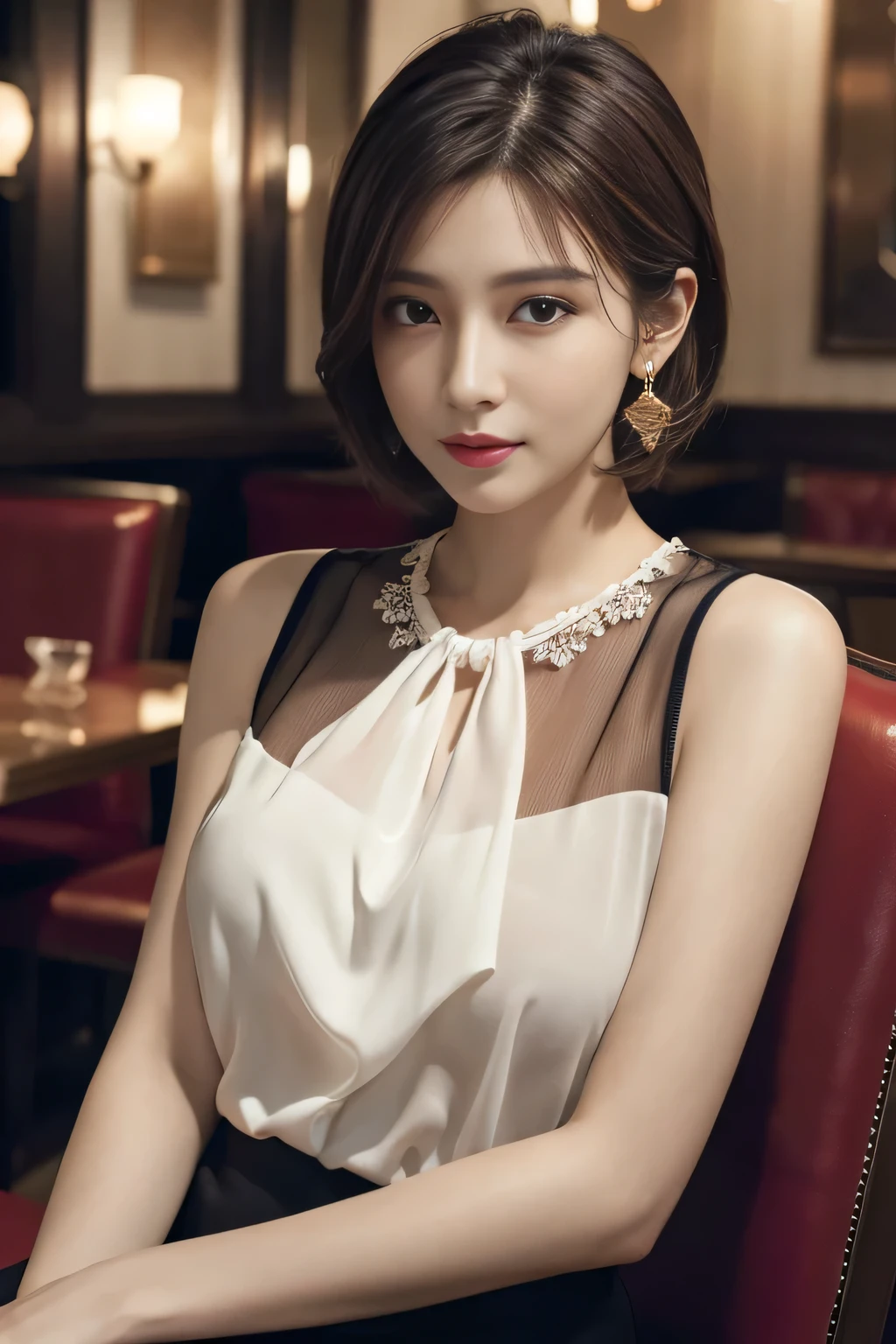 masterpiece, highest quality, Realistic, Very detailed, Finer details, High resolution, 8k wallpaper, One beautiful woman, Wear an elegant see-through blouse, In a great restaurant, At night, Light brown unkempt short hair, Perfect dynamic composition, Beautiful and beautiful eyes、Big earrings、Sitting in a chair、Sleeveless shirt、