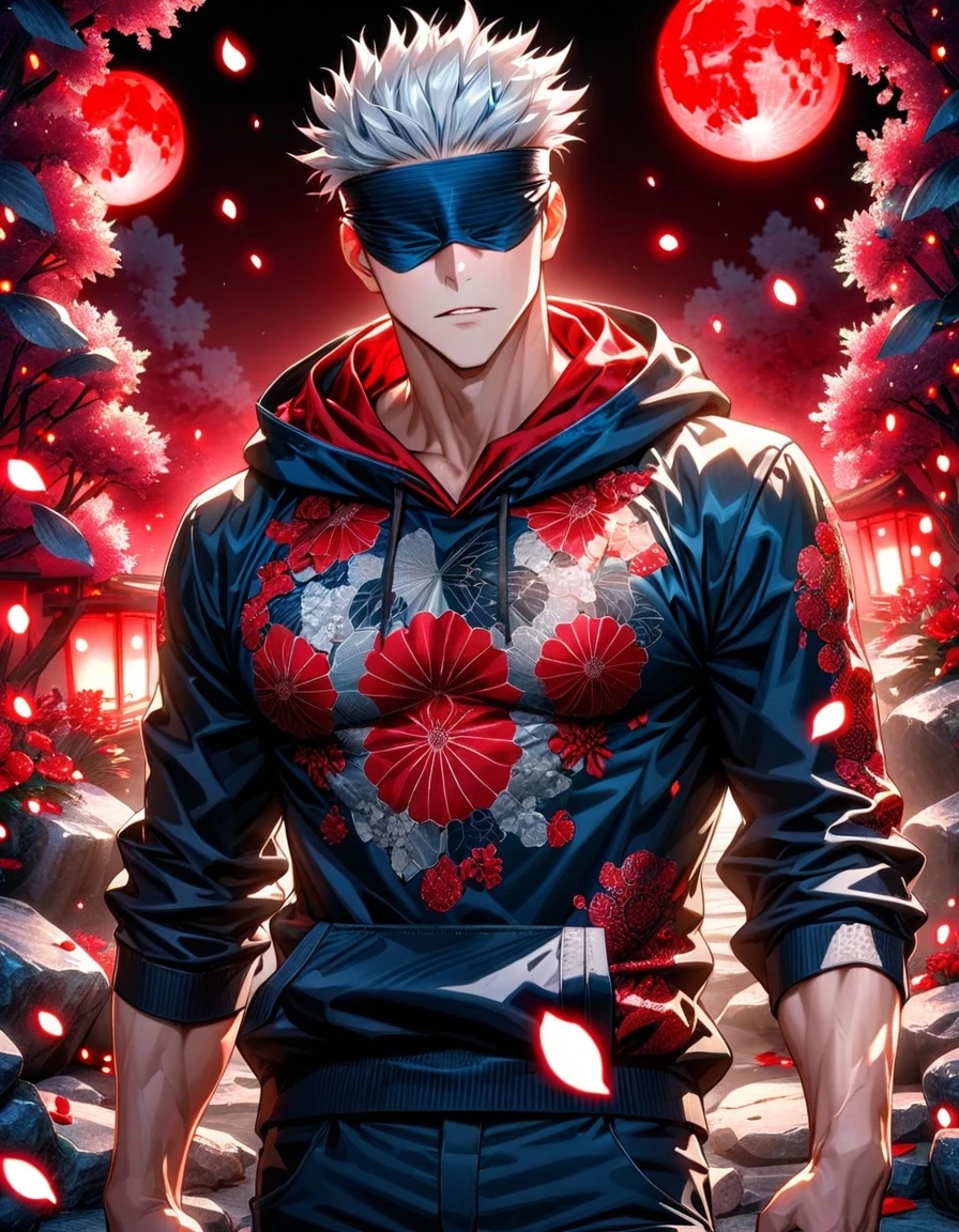 Ultra detailed, Highres, absurdres, HDR, Gojo Satoru, white hair, blindfolded eyes, Jujutsu Kaisen, black clothes with patterns with a hoodie, sexy man, solo, red flowers, shining fireflies, handsome, petals, shining red lights, shining red moon, toned chest, extremely detailed face, master piece,