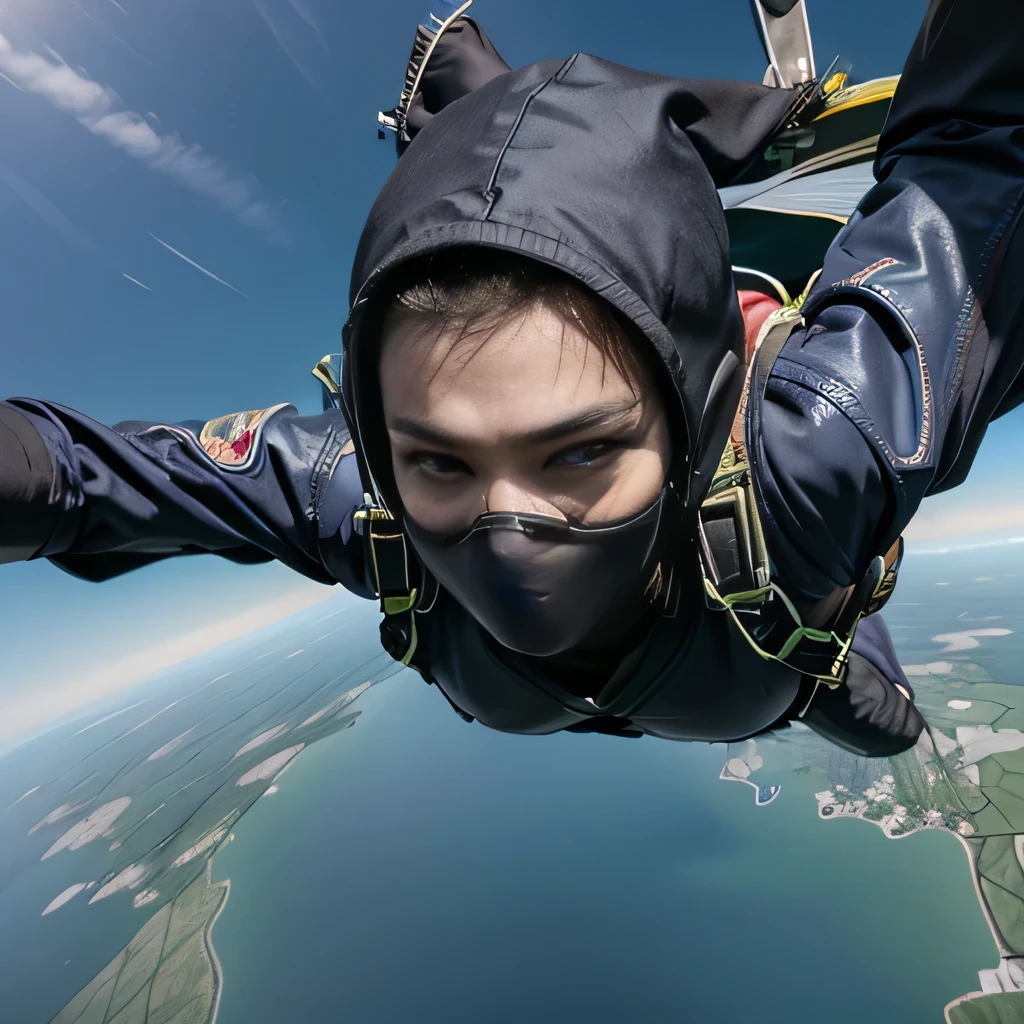 raw photo , 8K, ultra detailed, (realistic:1.2), (1man, ninja, mask:1.6), (sky diving:1.4),