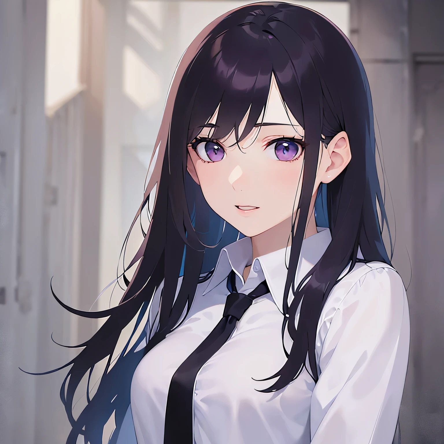 Detailed CG, Ultra-fine illustrations,highest quality,masterpiece,BREAK(white collared long shirt:1.5)BREAK,Realistic,real person, (pale skin: 1.3),RAW photo,photorealistic,shiny skin,shiny hair,(A 26-year-old woman with straight hair and bangs)and(medium hair)and(black hair)and(purple eyes),(light smile:1.3),open mouth,The background is the company hallway,Alone,side angle,(looking away:1.5),standing,Placing hand on chest