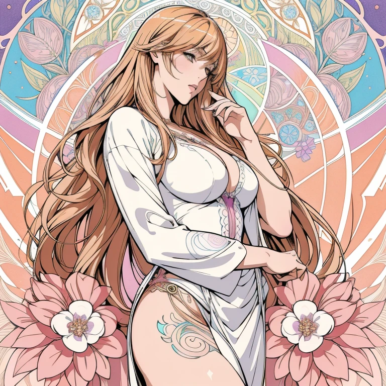 Kiss Shot Acerola Orion Heart Under Blade, beautiful girl, Light Hair, Tarot card art, Line art, clean Line art, Nature themed coloring mandalas, colorful, simple and clean Line art, Decorated in Art Nouveau style, Alphonse Mucha, Perfect intricate detail, Realistic.