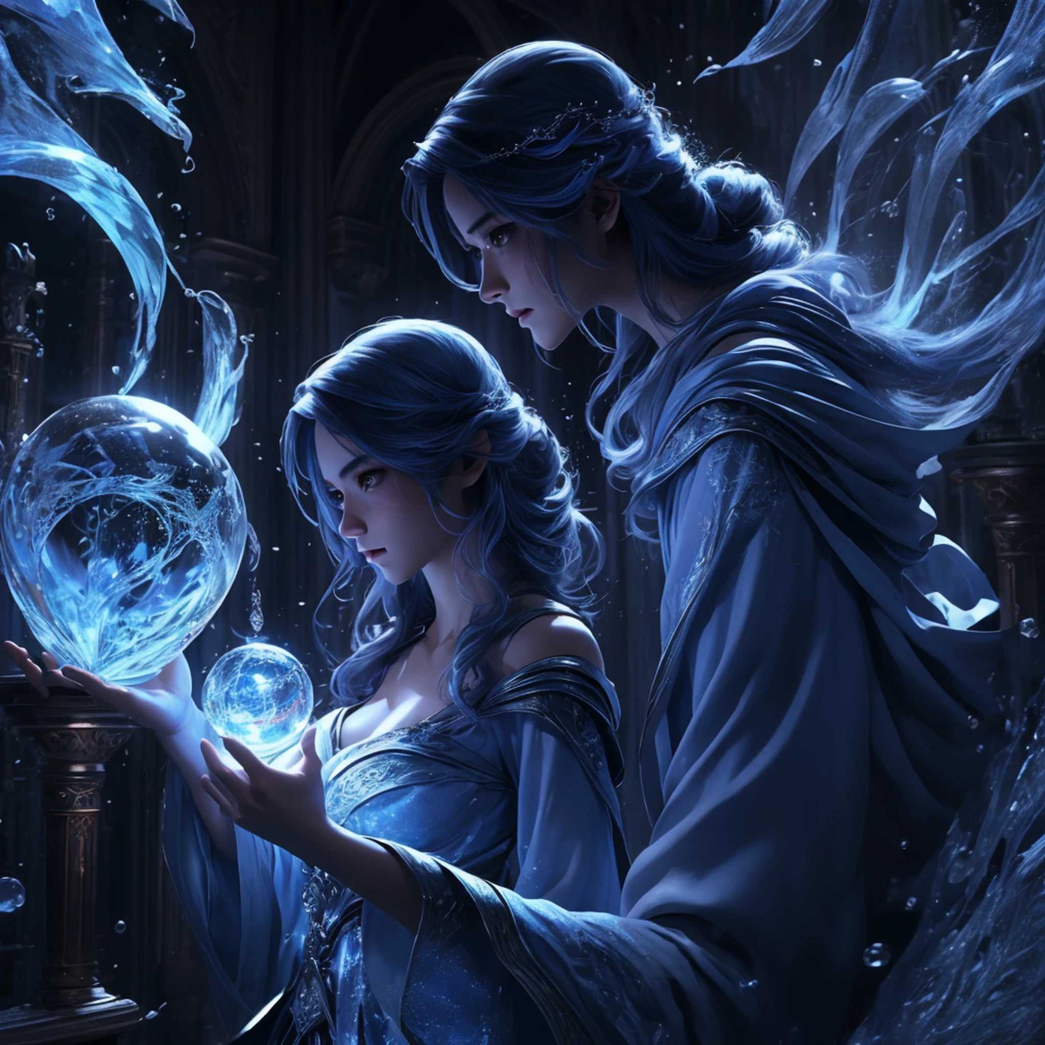 (((1 cinta))),imperial water,A magician,(vestido solto:1.5),(perfect facial features:1.4),(Blue Silk Robe),(Mysterious magical formations:1.2),brilho azul,(Asas de Geada),(((Magia de Gelo Poderosa))),(((Sincelos))),elevando-se sobre a paisagem,Luz azul luz fria,(((Tempestades de gelo))),vento,((Neve voadora, gelo e neve)),Resultados surpreendentes,,melhor qualidade,tmasterpiece,ultrahigh-resolution,finamente detalhado,Detalhes complicados,8K resolution,8KUCG Wallpaper,HDR,blue water,magical array,cinematic lighting effects,contraste de luz e sombra,Traching de raias、NVIDIA RTX