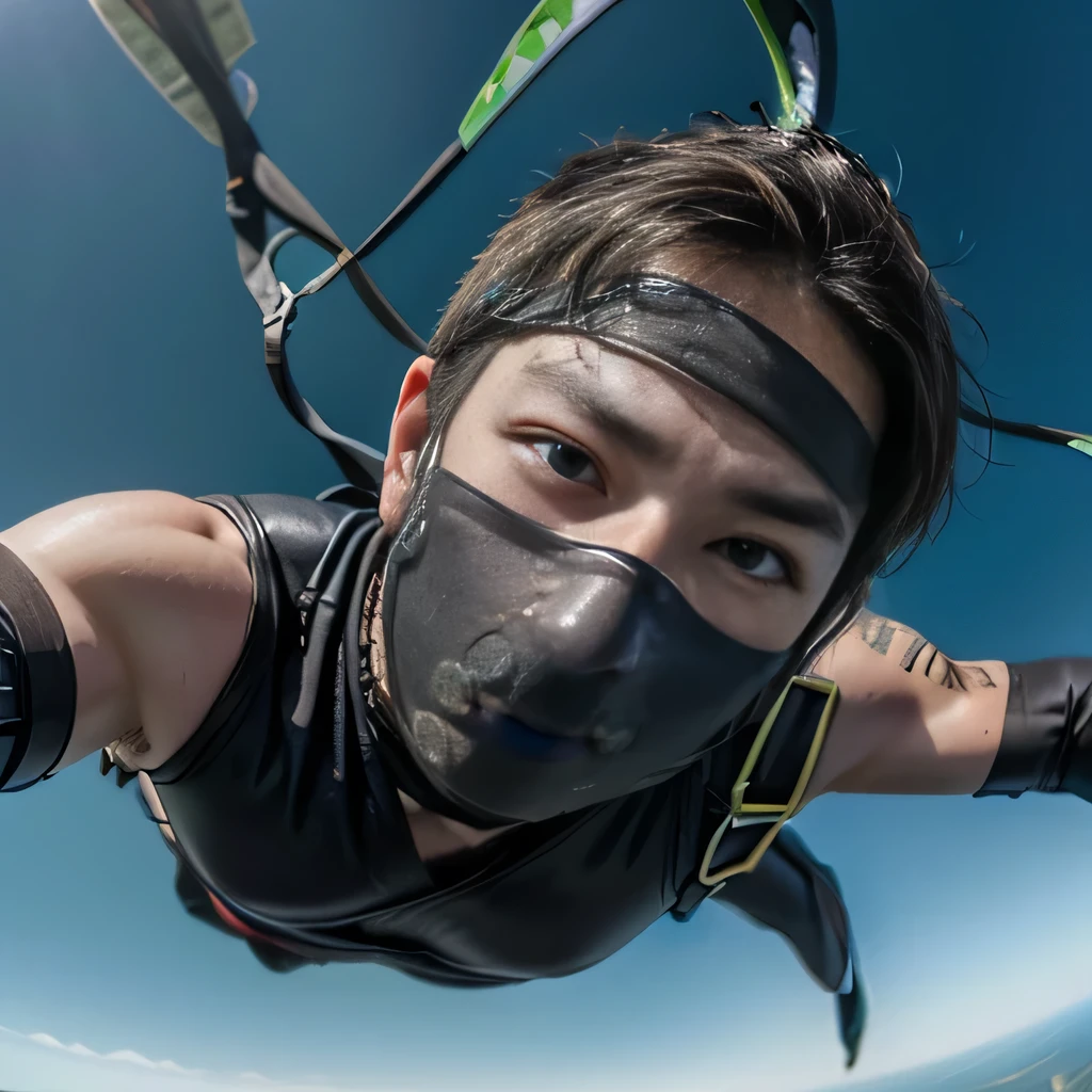 raw photo , 8K, ultra detailed, (realistic:1.2), (1man, ninja, mask:1.6), (sky diving:1.4),(cowboy shot),(from below:1.5)