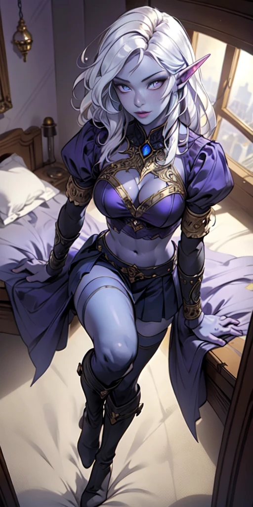 (masterpiece, best quality, 4k, detailed, intricate, realistic) floating in midair above bed, bedroom background, from above, fisheye lens, female drow elf blue purple skin, whitish hair, gorget, crop top, armlet, vambraces, midriff, skirt, purple skirt, thigh boots, whitish eyes, whitish stockings and sleeves