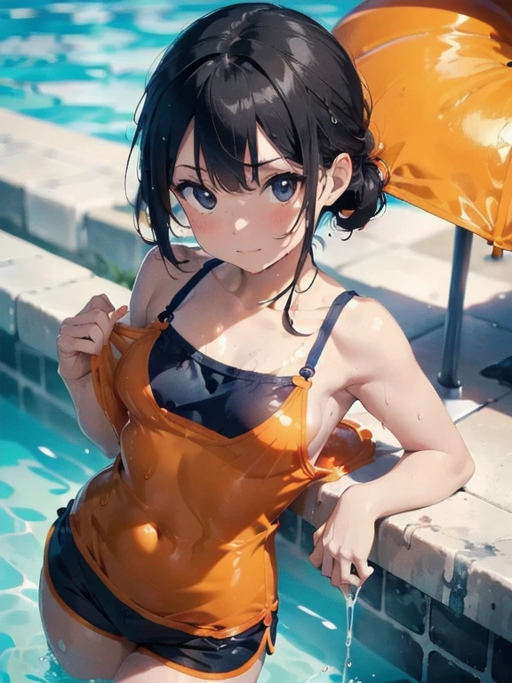 Orange swimsuit((Orange camisole),(Soaked with slimy liquid)),(Navy blue shorts),(A pool of slippery lotion),(Soaked with slimy liquid),Black Hair,