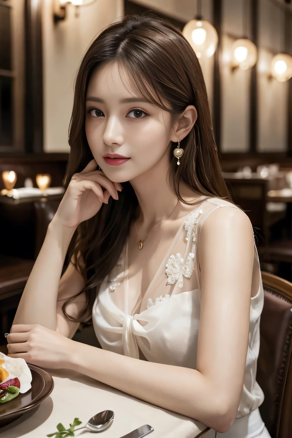 masterpiece, highest quality, Realistic, Very detailed, Finer details, High resolution, 8k wallpaper, One beautiful woman, Wear an elegant see-through blouse, In a great restaurant, At night, Light brown messy hair, Perfect dynamic composition, Beautiful and beautiful eyes、Big earrings、Sitting in a chair、Sleeveless shirt、