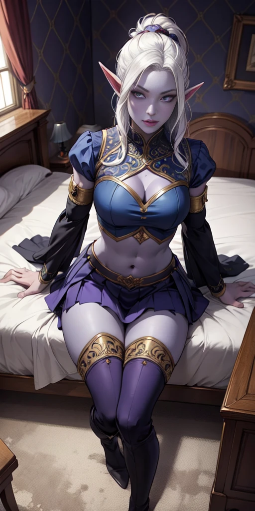 (masterpiece, best quality, 4k, detailed, intricate, realistic) floating in midair above bed, bedroom background, from above, fisheye lens, female drow elf blue purple skin, whitish hair, gorget, crop top, armlet, vambraces, midriff, skirt, purple skirt, thigh boots, whitish eyes, whitish stockings and sleeves
