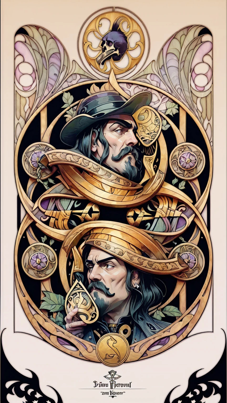 ((Art Nouveau Style)); Lemmy Kilmister as the King of Spades; gold flower, ravens, plant, skull, black flower; symmetrical with thick lines, Fibonacci, golden ratio, 3D metal structure tessellation, neural graphic, neurons, color, love, passion, incredibly detailed, 8k, masterpiece, artstation, surreal