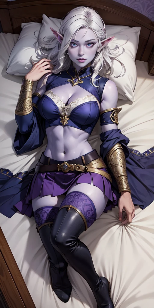 (masterpiece, best quality, 4k, detailed, intricate, realistic) floating in midair above bed, bedroom background, from above, fisheye lens, female drow elf blue purple skin, whitish hair, gorget, crop top, armlet, vambraces, midriff, skirt, purple skirt, thigh boots, whitish eyes, whitish stockings and sleeves
