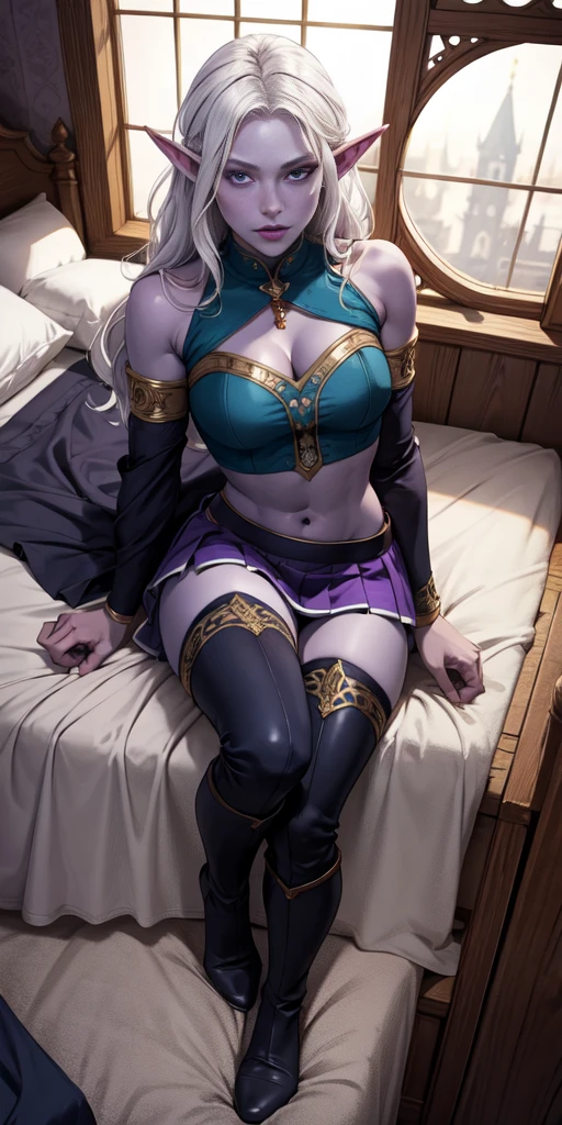 (masterpiece, best quality, 4k, detailed, intricate, realistic) floating in midair above bed, bedroom background, from above, fisheye lens, female drow elf blue purple skin, whitish hair, gorget, crop top, armlet, vambraces, midriff, skirt, purple skirt, thigh boots, whitish eyes, whitish stockings and sleeves