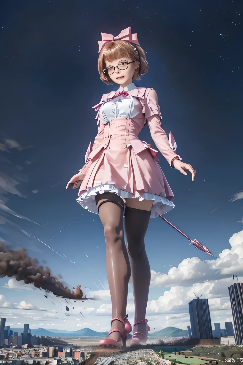 giantess art, highly detailed giantess shots, giantess, Two legs, Five fingers, short hair, A beautiful girl who is bigger than a skyscraper, Wearing rimless glasses, smile, Big Breasts, pink dress, bow, magical girl, magical wand, black pantyhose, pink stiletto heels, Destroying cities, A very small big city, Miniature metropolis, Full body description, GTS, giga giantess, stomping city, crash city, tiny city, micro city, pantyhose feet, High resolution, highest quality, masterpiece, 