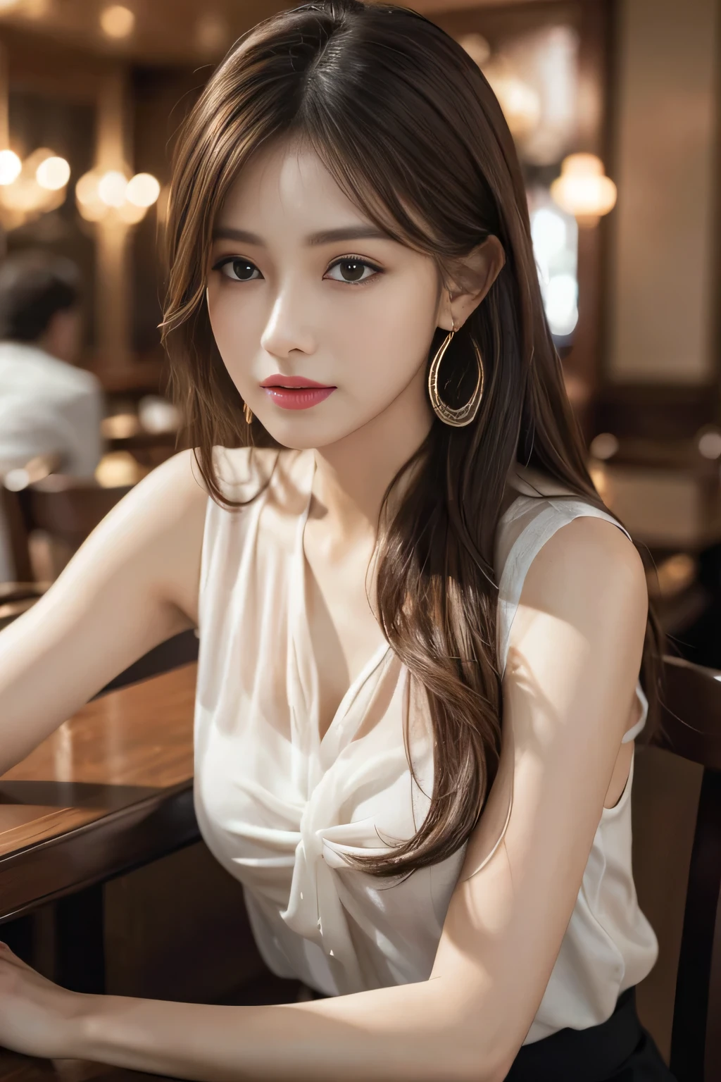 masterpiece, highest quality, Realistic, Very detailed, Finer details, High resolution, 8k wallpaper, One beautiful woman, Wear an elegant see-through blouse, In a great restaurant, At night, Light brown messy hair, Perfect dynamic composition, Beautiful and beautiful eyes、Big earrings、Sitting in a chair、Sleeveless shirt、