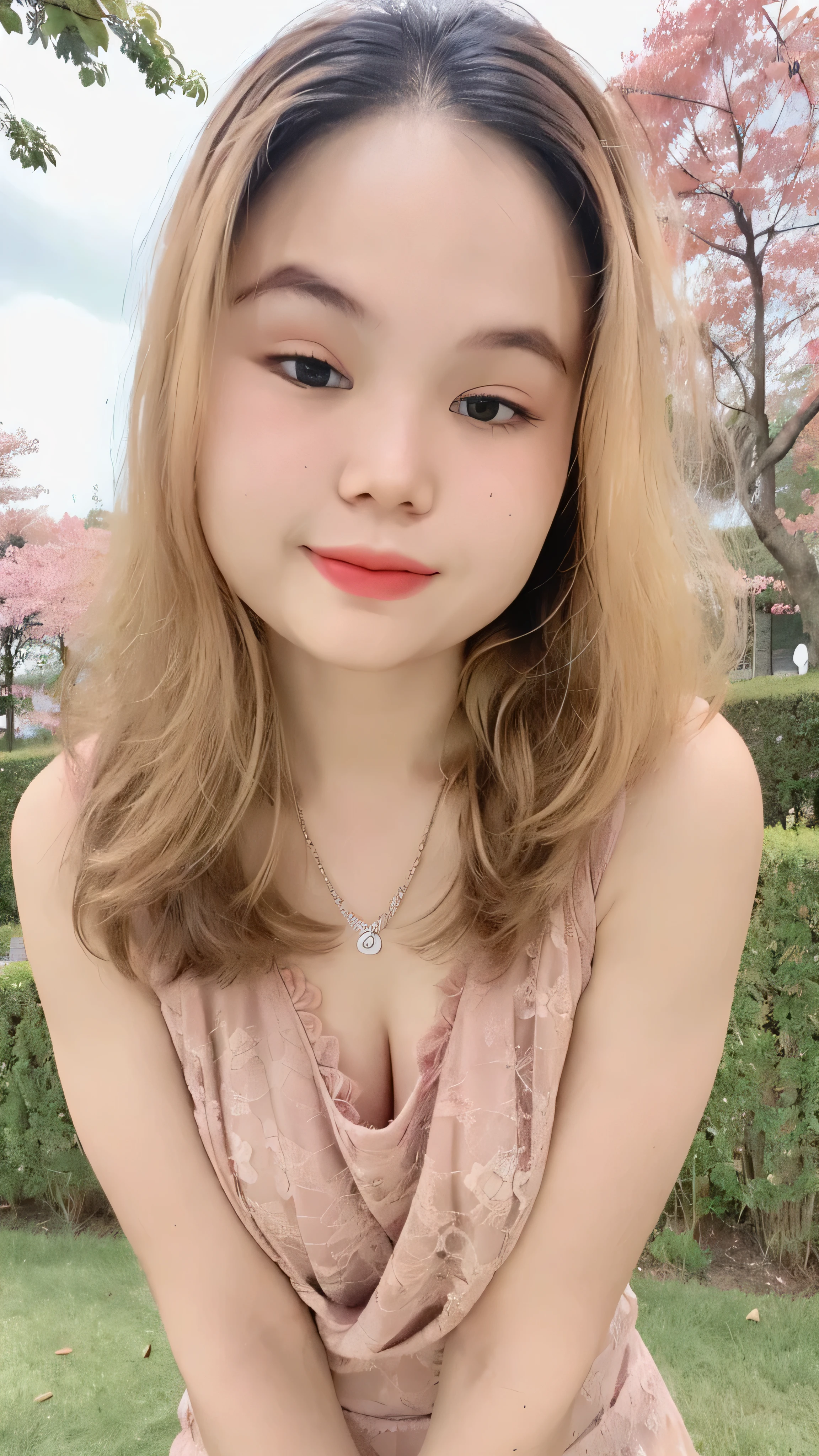 (super highest quality:1.3) (very realistic, Photoreal:1.3), (sharp focus:1.3), (Realistic and very high quality:1.3). (high resolution/High resolution:1.3), very delicate and beautiful, soft light, (brown hair, Shoulder-length straight bob hair sways in the wind), beautiful detailed girl, highly detailed eyes and face, beautifully detailed nose, thin and beautiful eyes, 1 girl, Pure beauty, cute, young, (smaller and flat chest), realistic face, realistic body, beautiful thigh, (sheer lace camisole dress, see-throuh:1.2), cherry blossom background