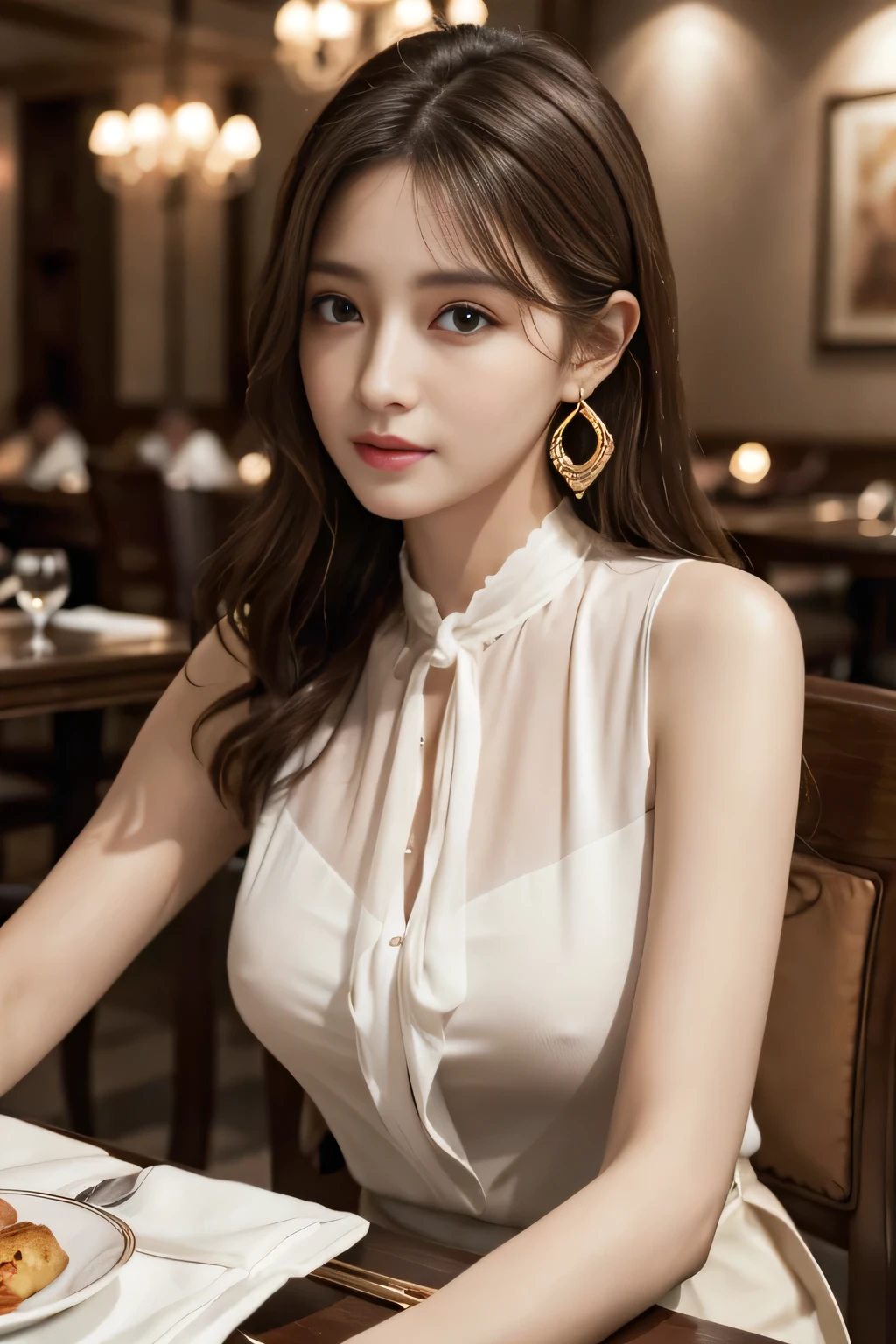 masterpiece, highest quality, Realistic, Very detailed, Finer details, High resolution, 8k wallpaper, One beautiful woman, Wear an elegant see-through blouse, In a great restaurant, At night, Light brown messy hair, Perfect dynamic composition, Beautiful and beautiful eyes、Big earrings、Sitting in a chair、Sleeveless shirt、