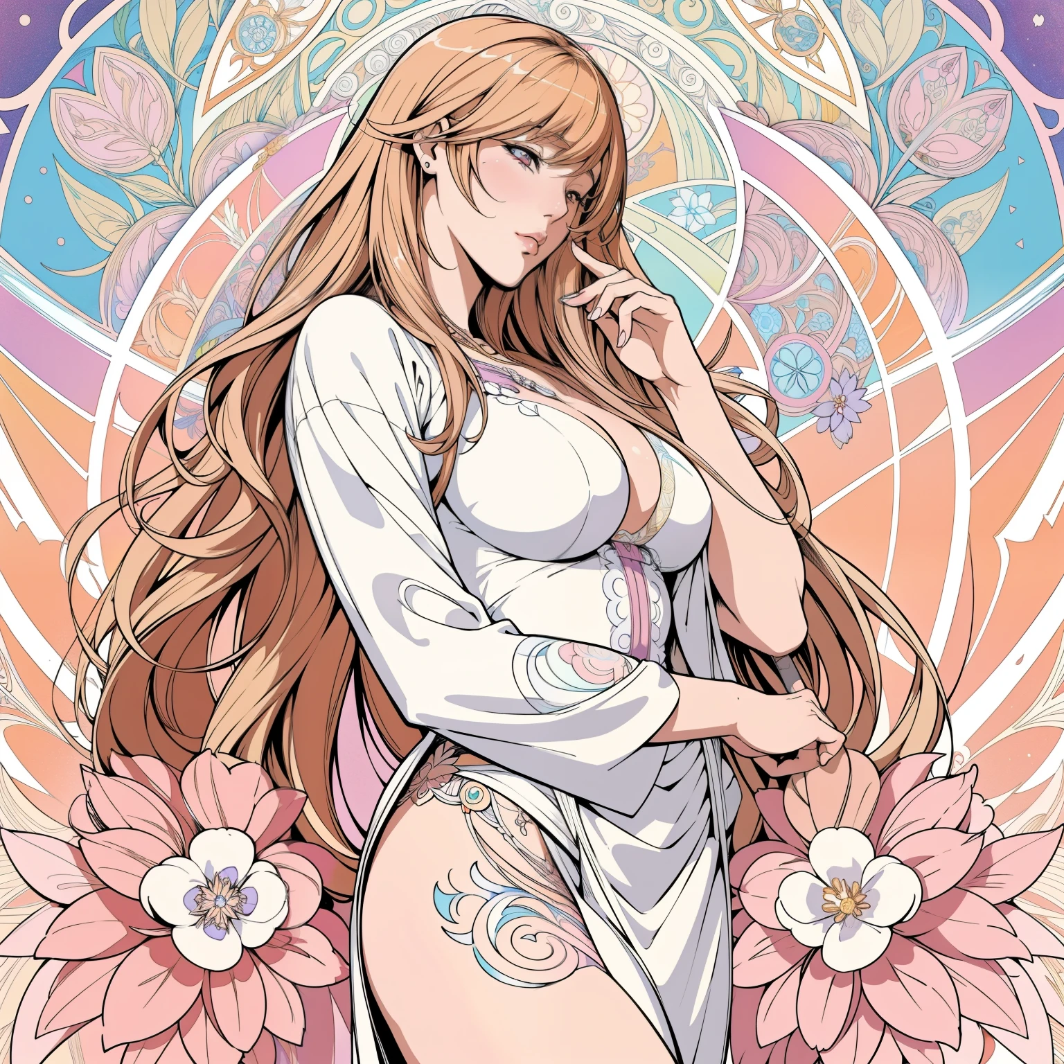 Kiss Shot Acerola Orion Heart Under Blade, beautiful girl, Light Hair, Tarot card art, Line art, clean Line art, Nature themed coloring mandalas, colorful, simple and clean Line art, Decorated in Art Nouveau style, Alphonse Mucha, Perfect intricate detail, Realistic.