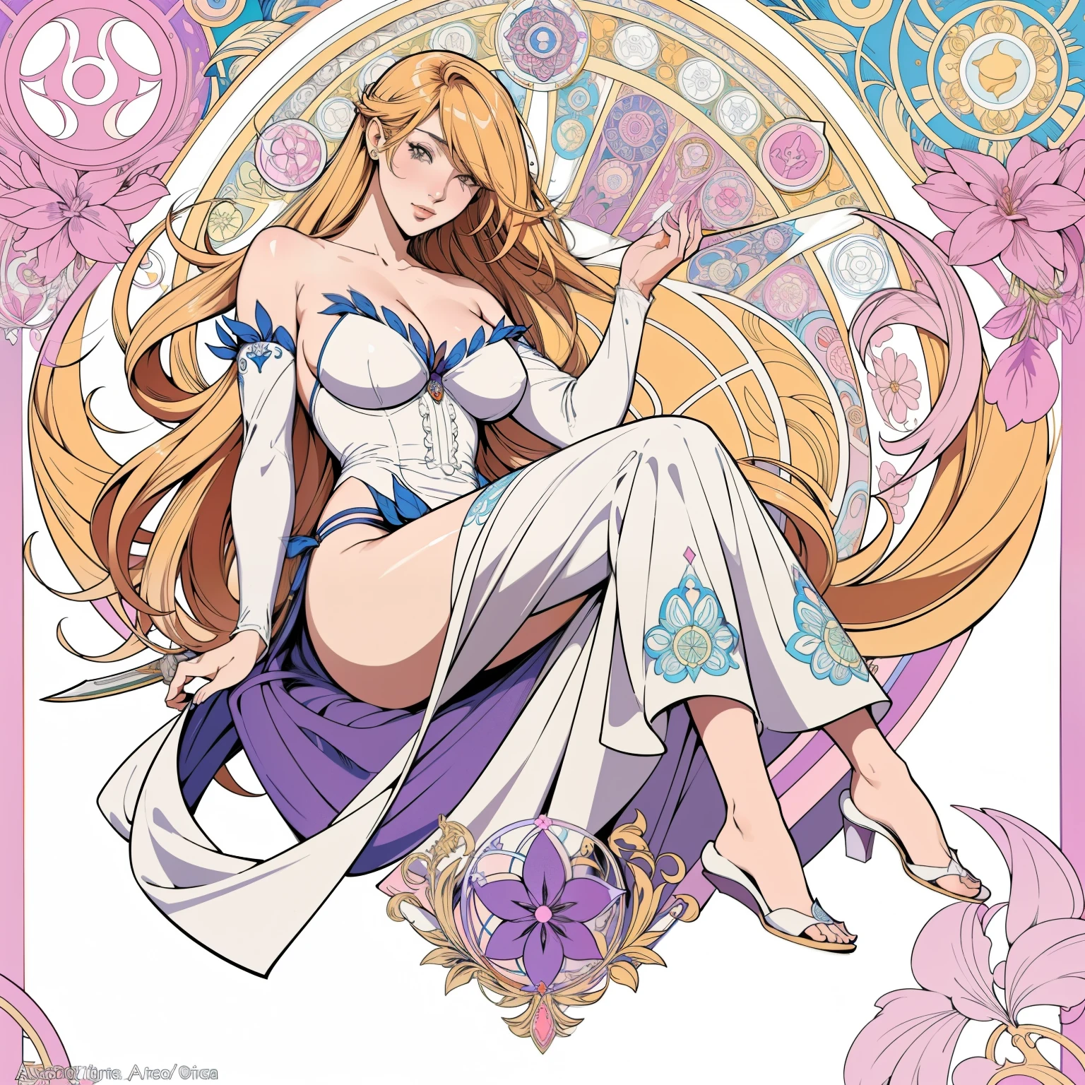 Kiss Shot Acerola Orion Heart Under Blade, beautiful girl, Light Hair, Tarot card art, Line art, clean Line art, Nature themed coloring mandalas, colorful, simple and clean Line art, Decorated in Art Nouveau style, Alphonse Mucha, Perfect intricate detail, Realistic.