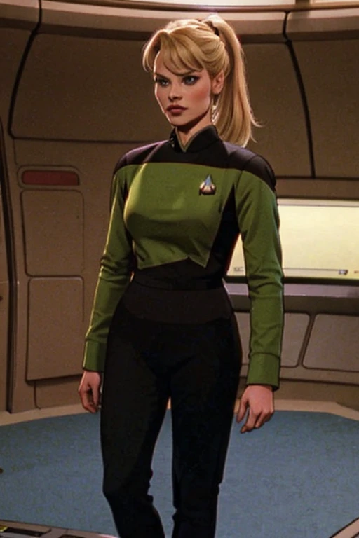 blonde ponytail: Jenna Coleman: Star Trek Green uniform: Enterprise Bridge background: Emilie de Ravin: (Emma Rigby),