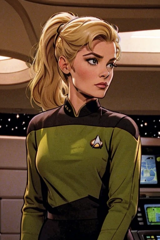 blonde ponytail: Jenna Coleman: Star Trek Green uniform: Enterprise Bridge background: Emilie de Ravin: (Emma Rigby),