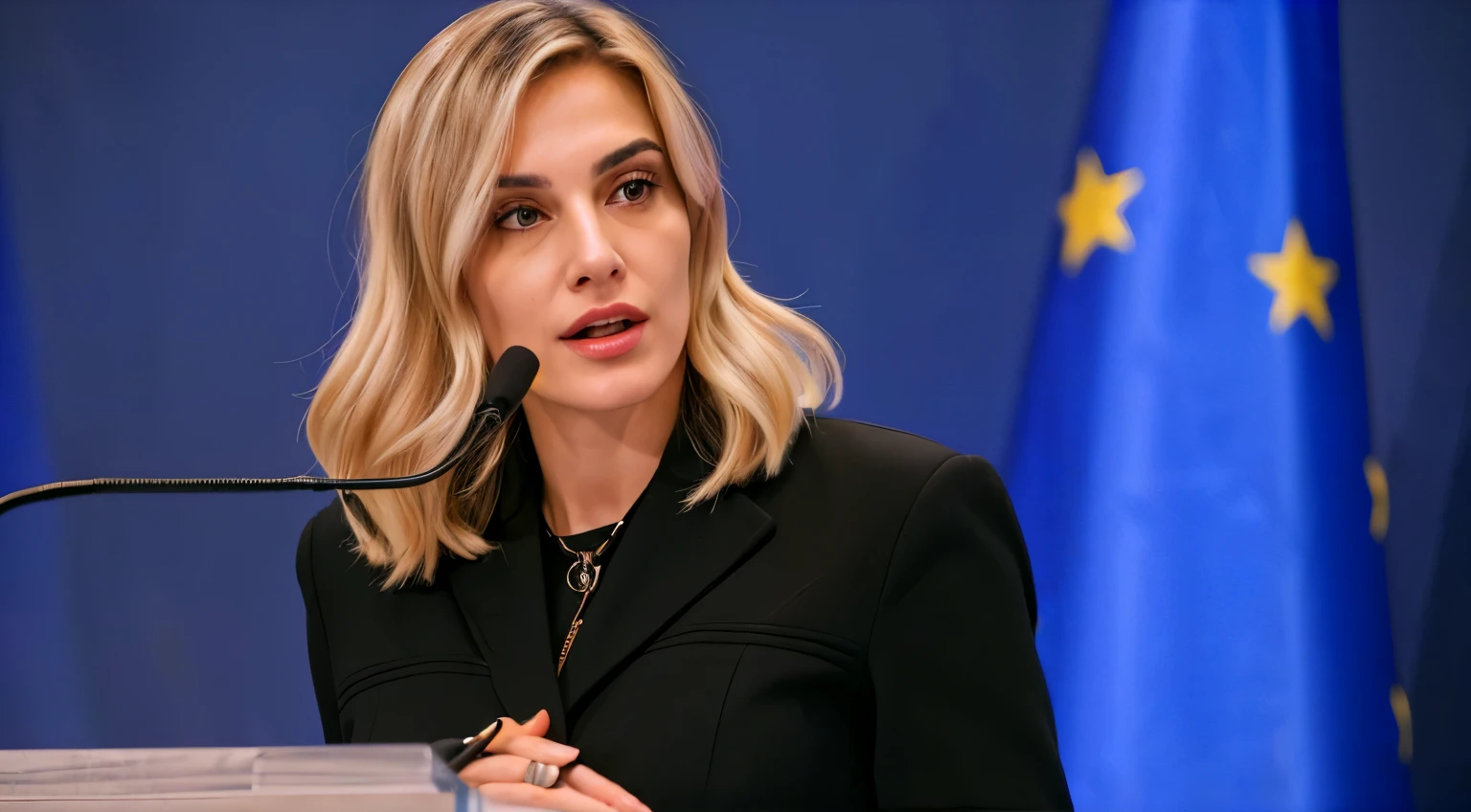 woman wearing a black jacket speaking at a podium, giorgia meloni, yelena belova, shutterstock, taken in the early 2020s, hd, realistic, professional photo, realistic and beautiful face,