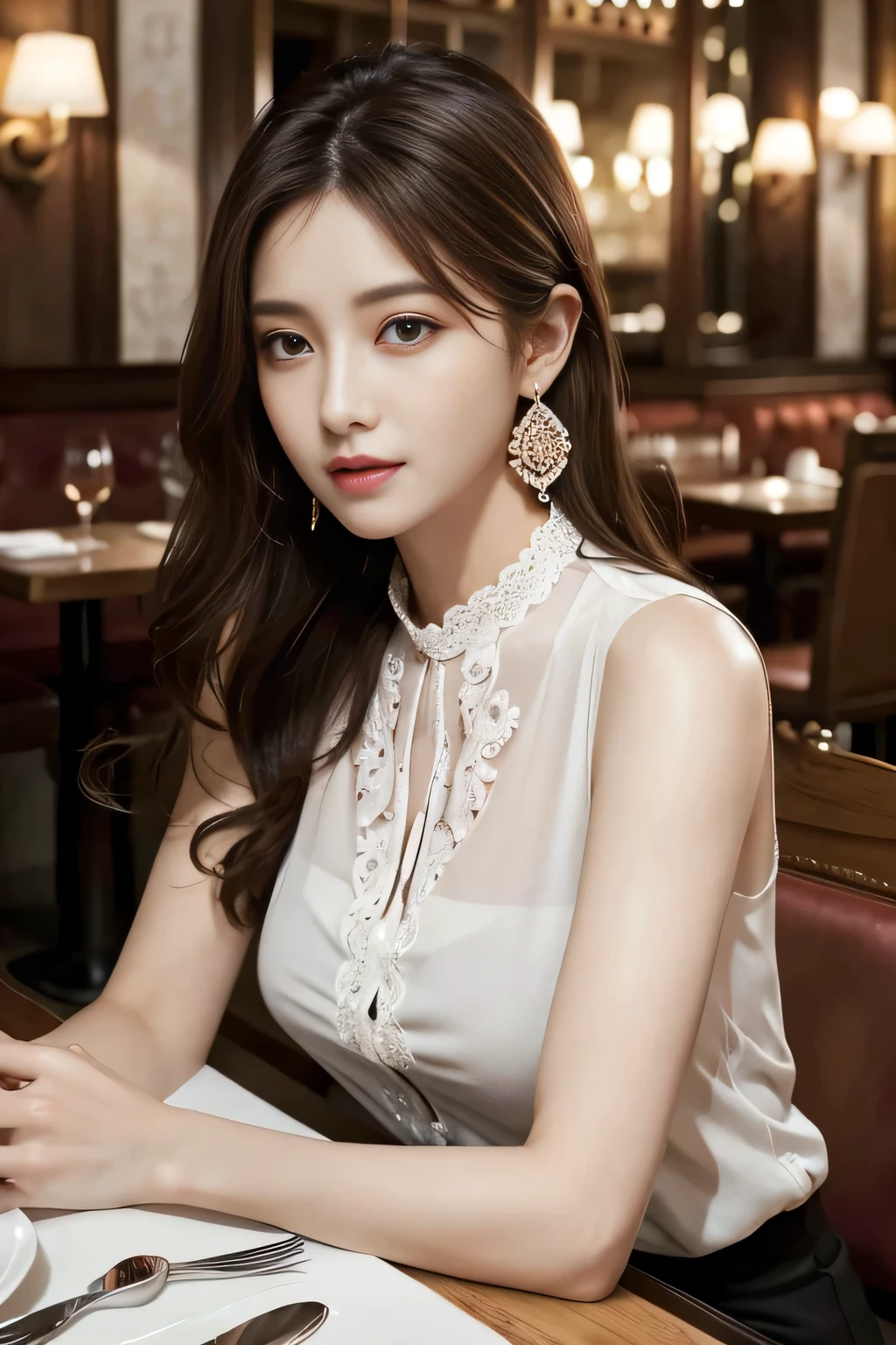 masterpiece, highest quality, Realistic, Very detailed, Finer details, High resolution, 8k wallpaper, One beautiful woman, Wear an elegant see-through shirt, In a great restaurant, At night, Light brown messy hair, Perfect dynamic composition, Beautiful and beautiful eyes、Big earrings、Sitting in a chair、Sleeveless shirt、