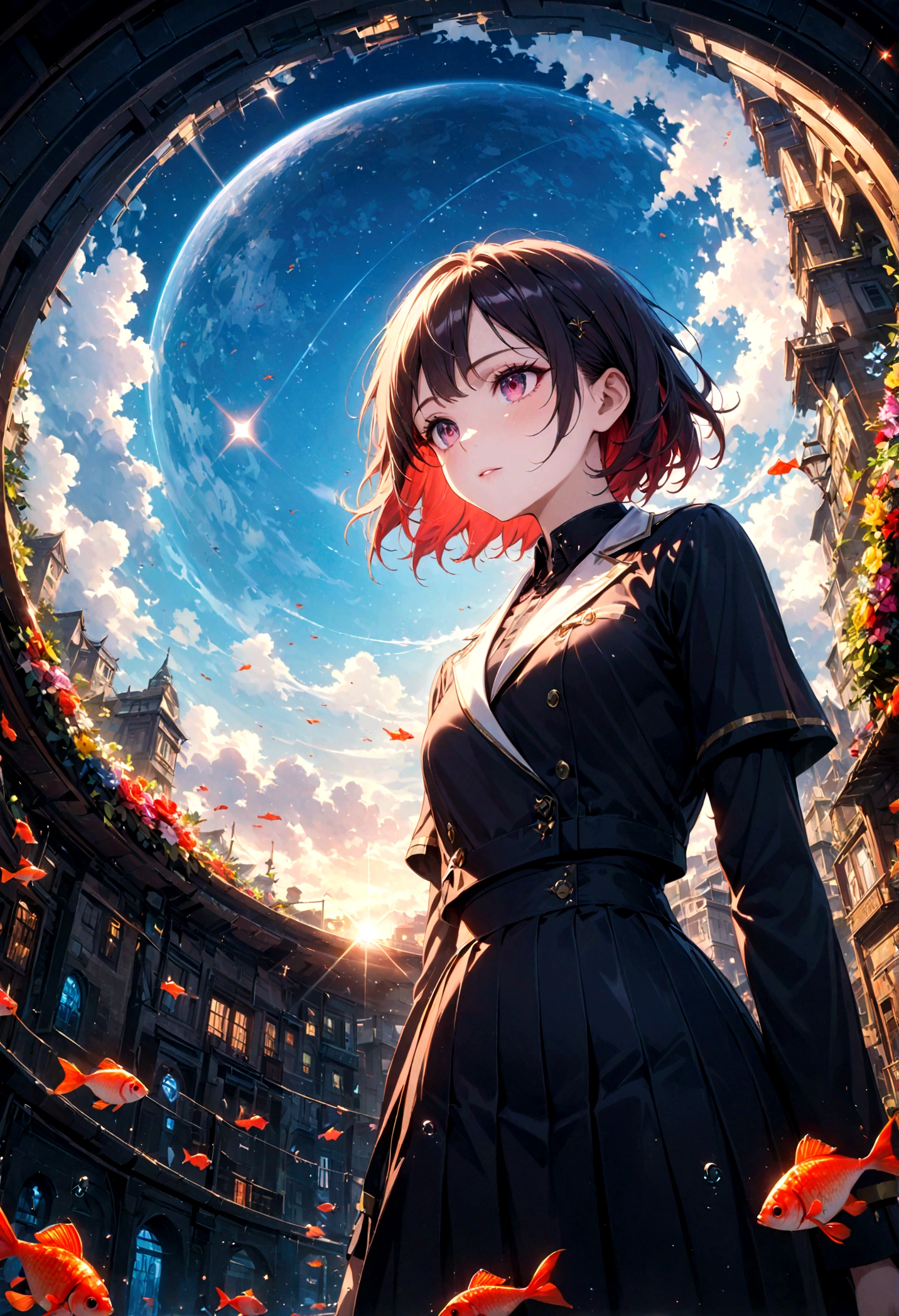 woman\(student, 15 years old, JK, Silver flowing short hair, Cosmic eyes, Black school uniform, Pale skin, Tired face,Eyes without luster\) look up to the sky, (Many shiny red-scaled goldfish swimming in the air), (As if underwater, the crystal clear bubbles sparkle in the sky), Beautiful sky, Beautiful clouds, There are puddles in the ground,The scenery is reflected beautifully, Look up at the vast sky from the narrow back alleys of the chaotic city center, In summer,Colorful flowers blooming everywhere, You can see the flowing wind shining, There is a midday moon and a midday star in the sky,from below, rest ,quality\(8K,極為細緻的CG單元wallpaper, masterpiece,High resolution,top-quality,top-quality real texture skin,Surrealism,Improve resolution,RAW photos,Best quality,Very detailed,wallpaper,movie lighting,Ray Tracing,Golden Ratio\),long term