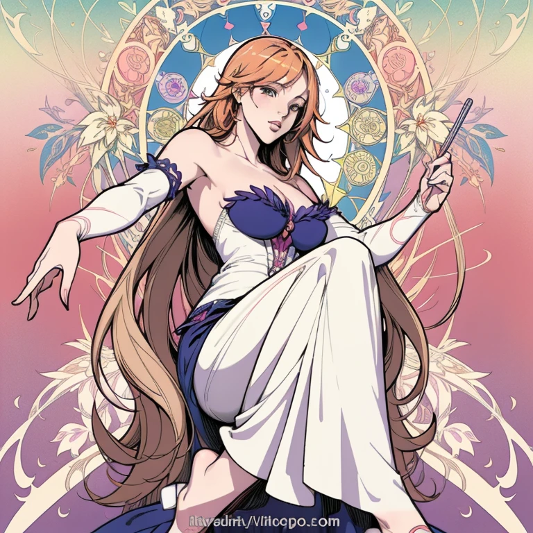 Kiss Shot Acerola Orion Heart Under Blade, beautiful girl, Light Hair, Tarot card art, Line art, clean Line art, Nature themed coloring mandalas, colorful, simple and clean Line art, Decorated in Art Nouveau style, Alphonse Mucha, Perfect intricate detail, Realistic.