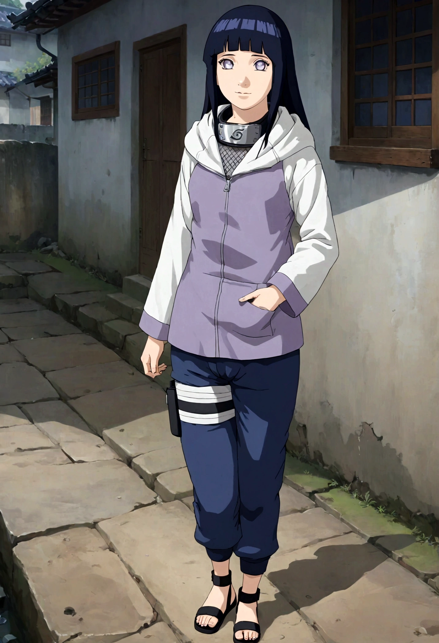 1girl, Hinata Hyuga, liturgical art style, 18th century oil painting, christian theme, long hair, blunt bangs, dark blue hair, white eyes, no pupils, forehead protector, konohagakure symbol, purple and white hooded jacket, fishnets, blue pants, holster, bandage on thigh, open sandals, hoodie, zipper, seductive smile, looking at viewer, (masterpiece, best quality, Professional, perfect composition, very aesthetic, absurdres, ultra-detailed, intricate details:1.3)